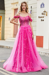 A-Linie Kalter Schulter Funkelndes Hot Pink Korsett Ballkleid mit Perlen